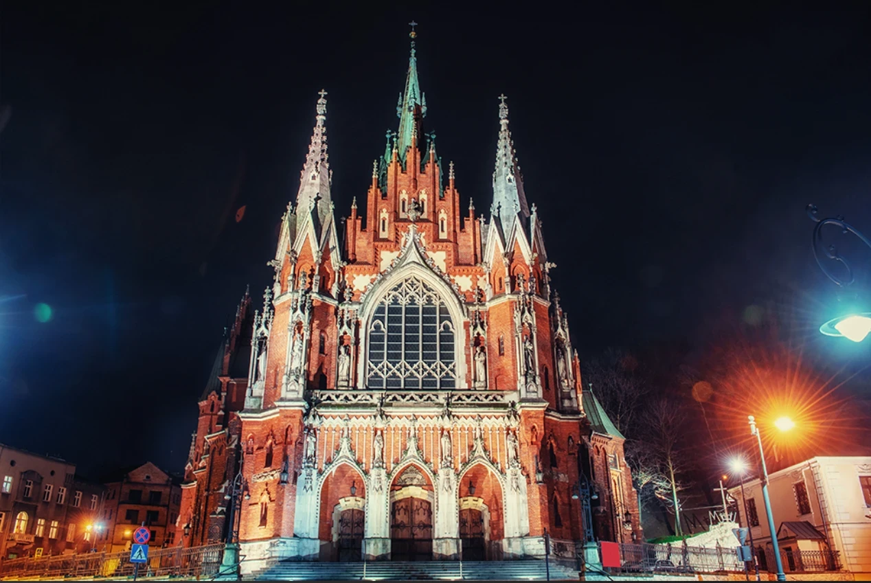 A church under narrow spectrum light